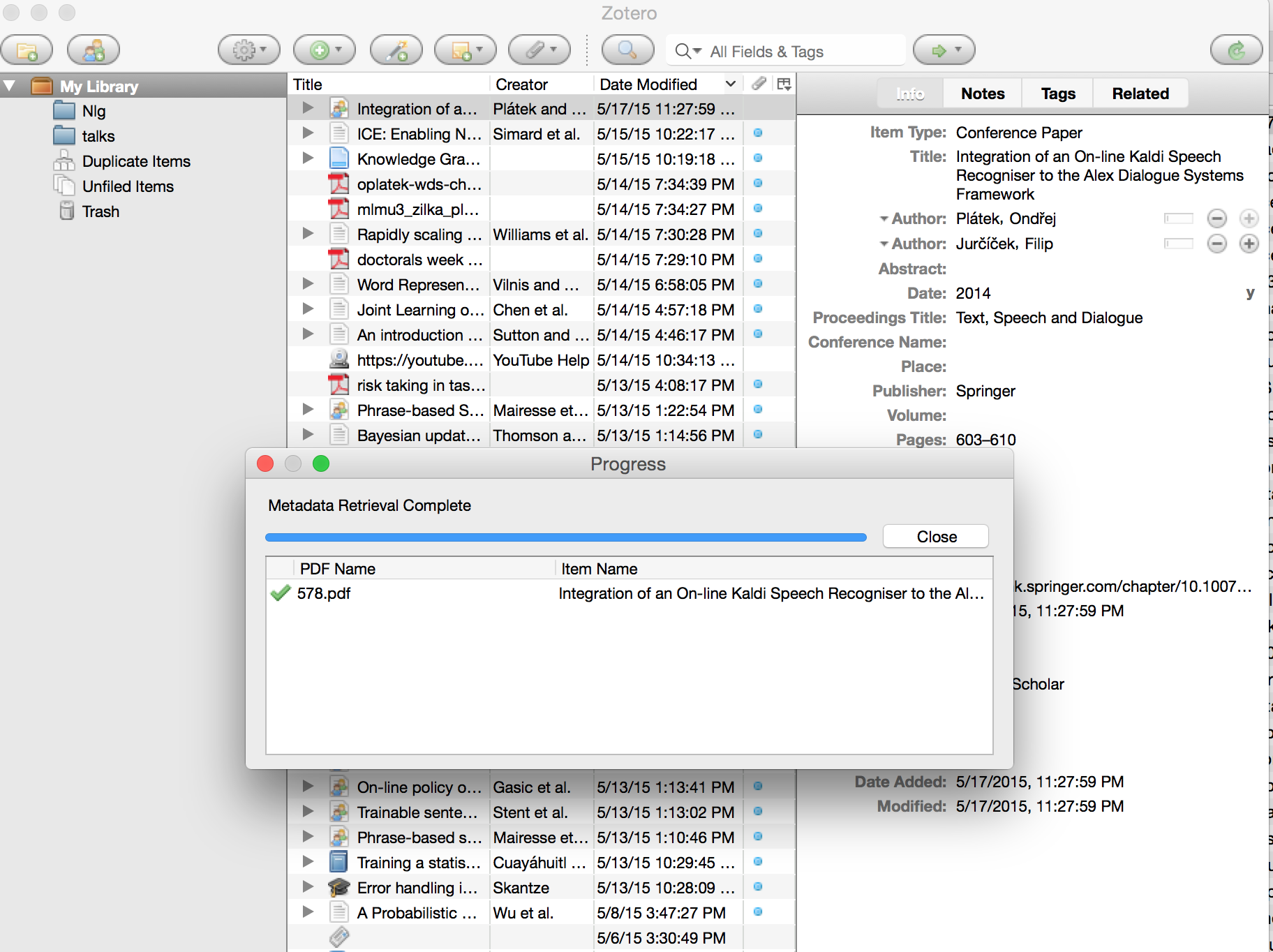 Zotero downloaded metadata for my article.